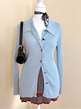 Blue preppy coquette button up ribbed cardigan top White House Black Market S